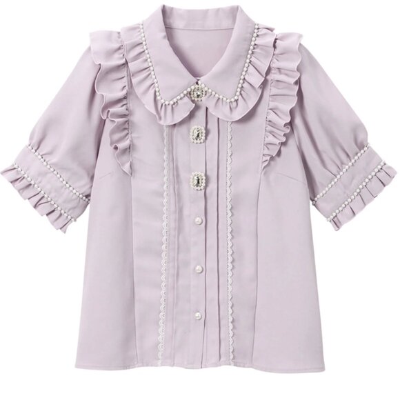 Dear My Love Purple Lavender Pearl Collar Gemstone Ruffle Blouse - Picture 1 of 4